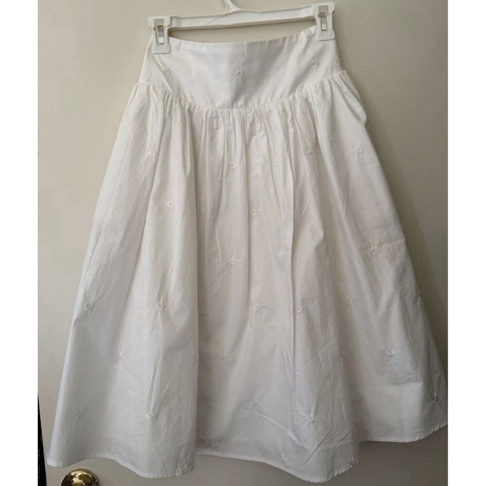 Cider White Drop Waist Poplin Midi Skirt Eyelet Embroidered Star Flower A-Line